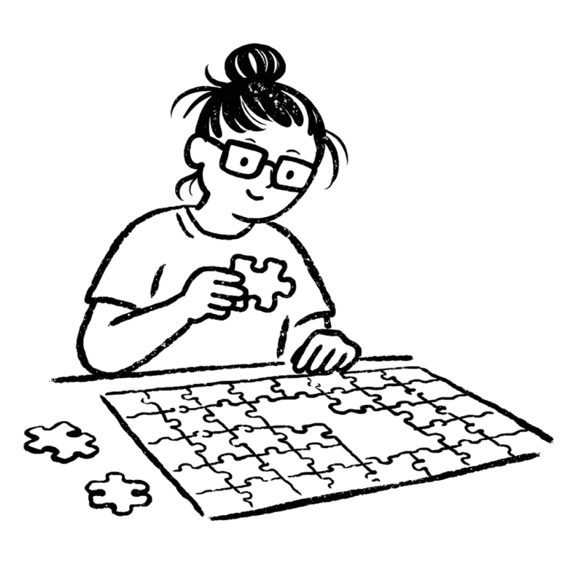 A line drawing of Suhavi in glasses, working on a jigsaw puzzle.