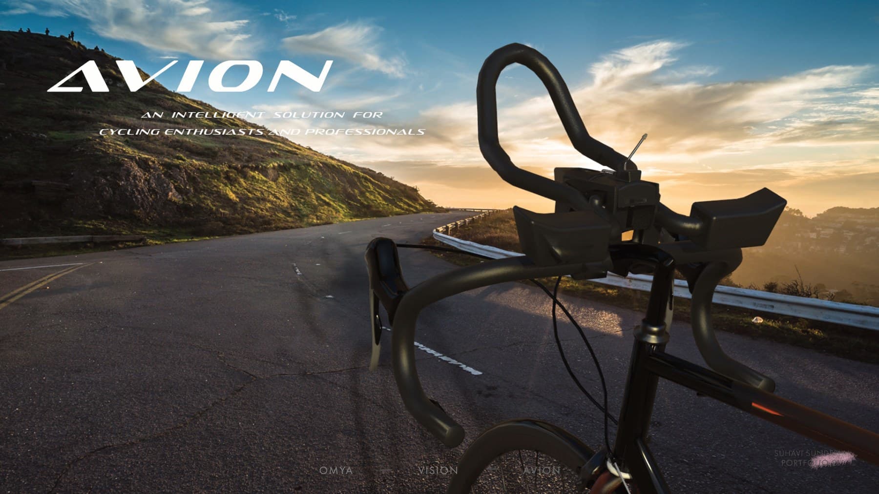 Avion handlebar-mounted cycling equipment shown on a mountain road