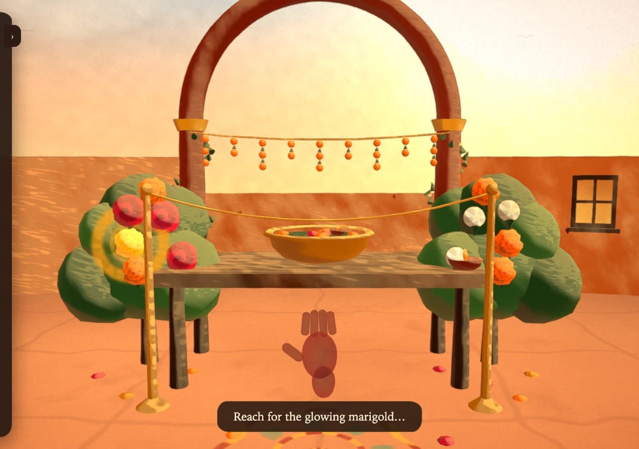 A warm Indian courtyard with baskets of flowers for a garland-making activity