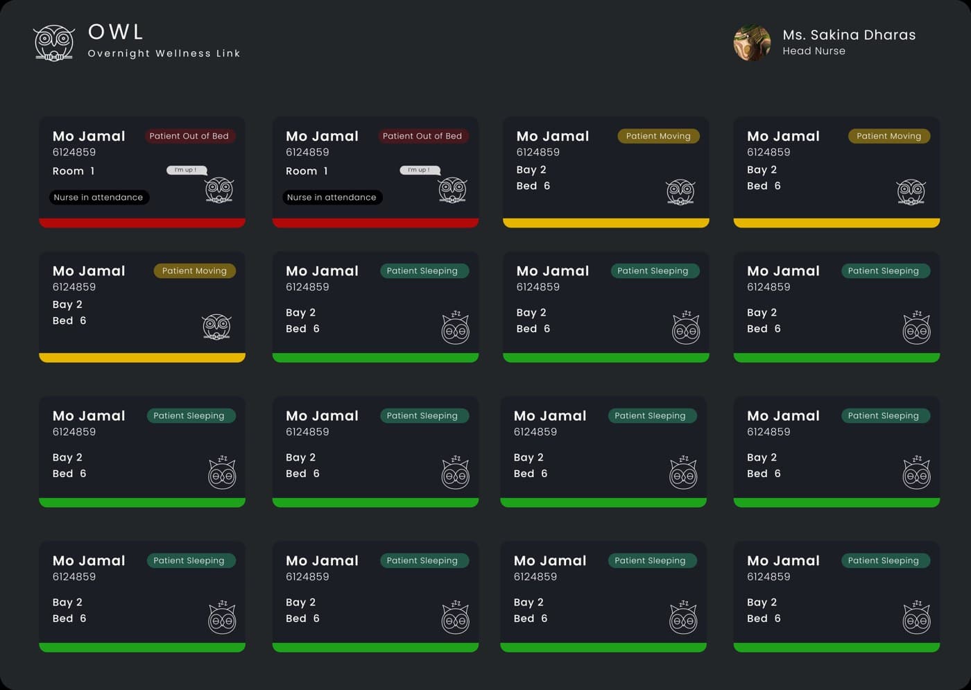 OWL Overnight Wellness Link dashboard showing patient movement states and nurse attendance