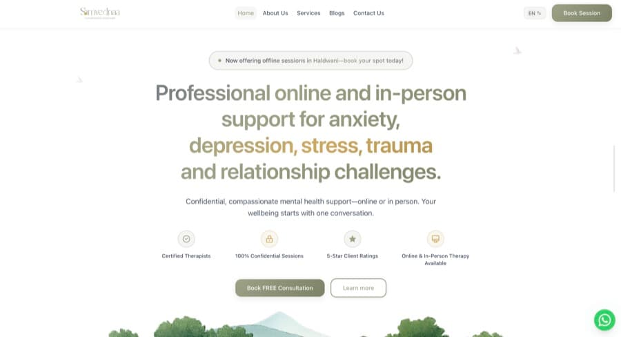 Samvedna mental-health website homepage
