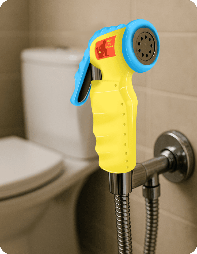 The blue and yellow silicone sleeve fitted to a health faucet beside a toilet