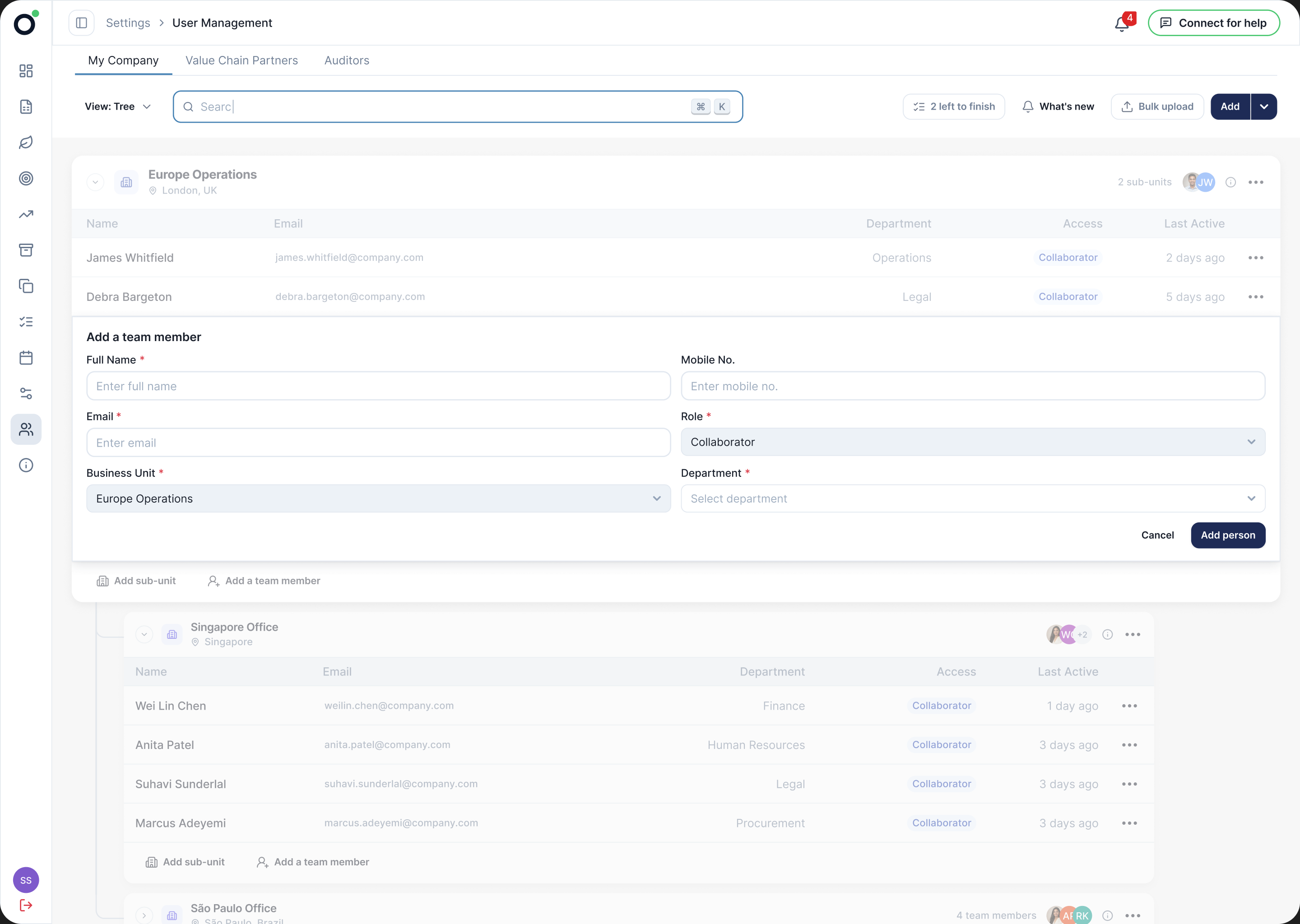 Adding a team member inline: the form opens on the row with Business Unit already set to Europe Operations, and the rows around it stay in view.
