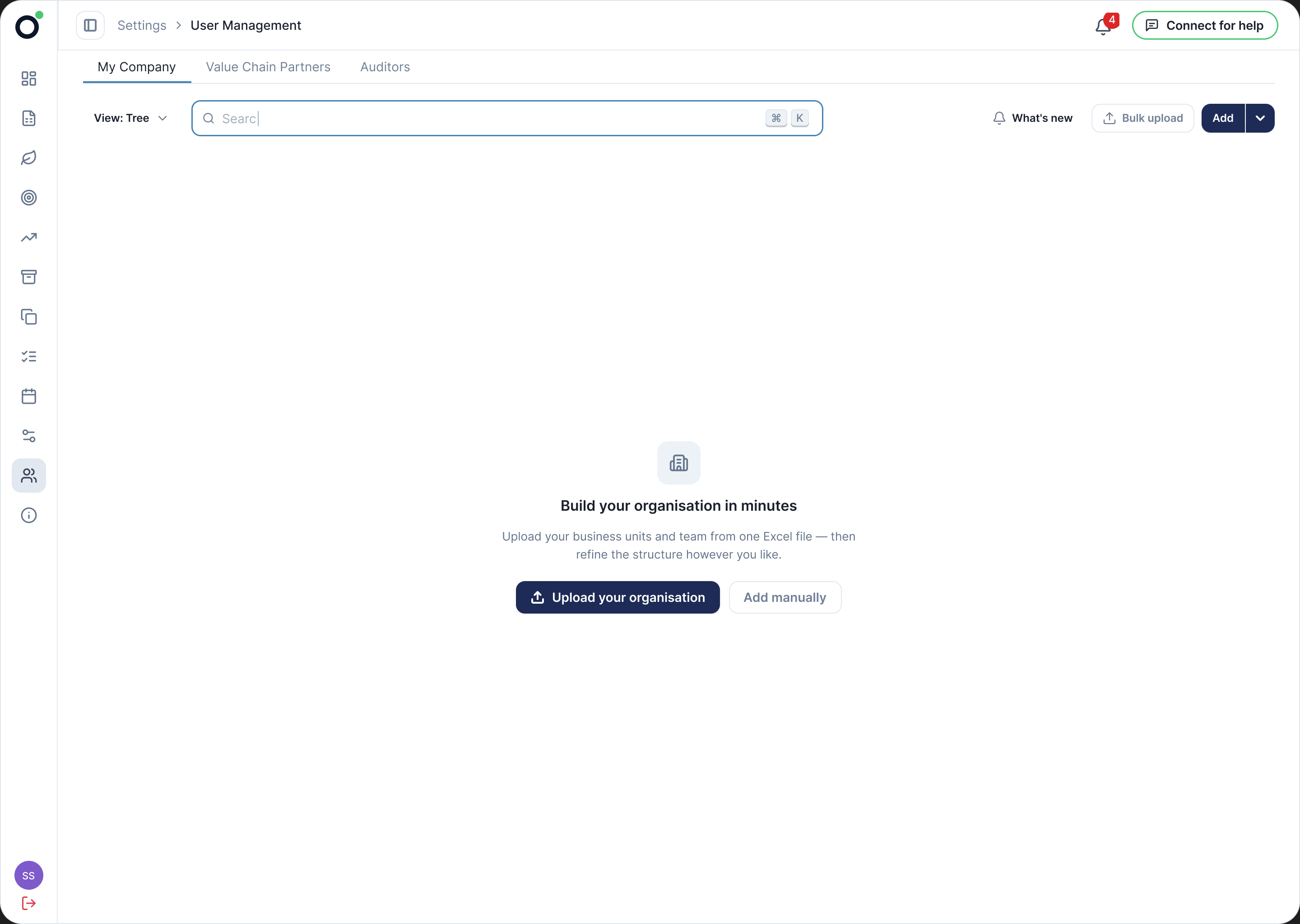 Day zero: an empty screen with one message, Build your organisation in minutes, and two ways to start, Upload your organisation or Add manually.