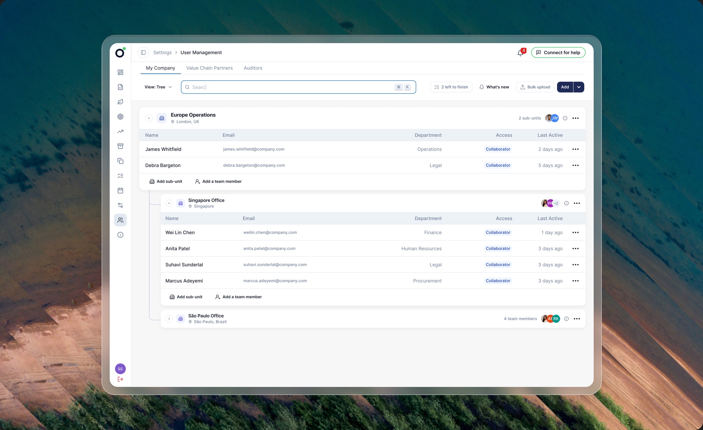 The shipped User Management screen: business units as cards, people listed inside each with role, department, access and last active.