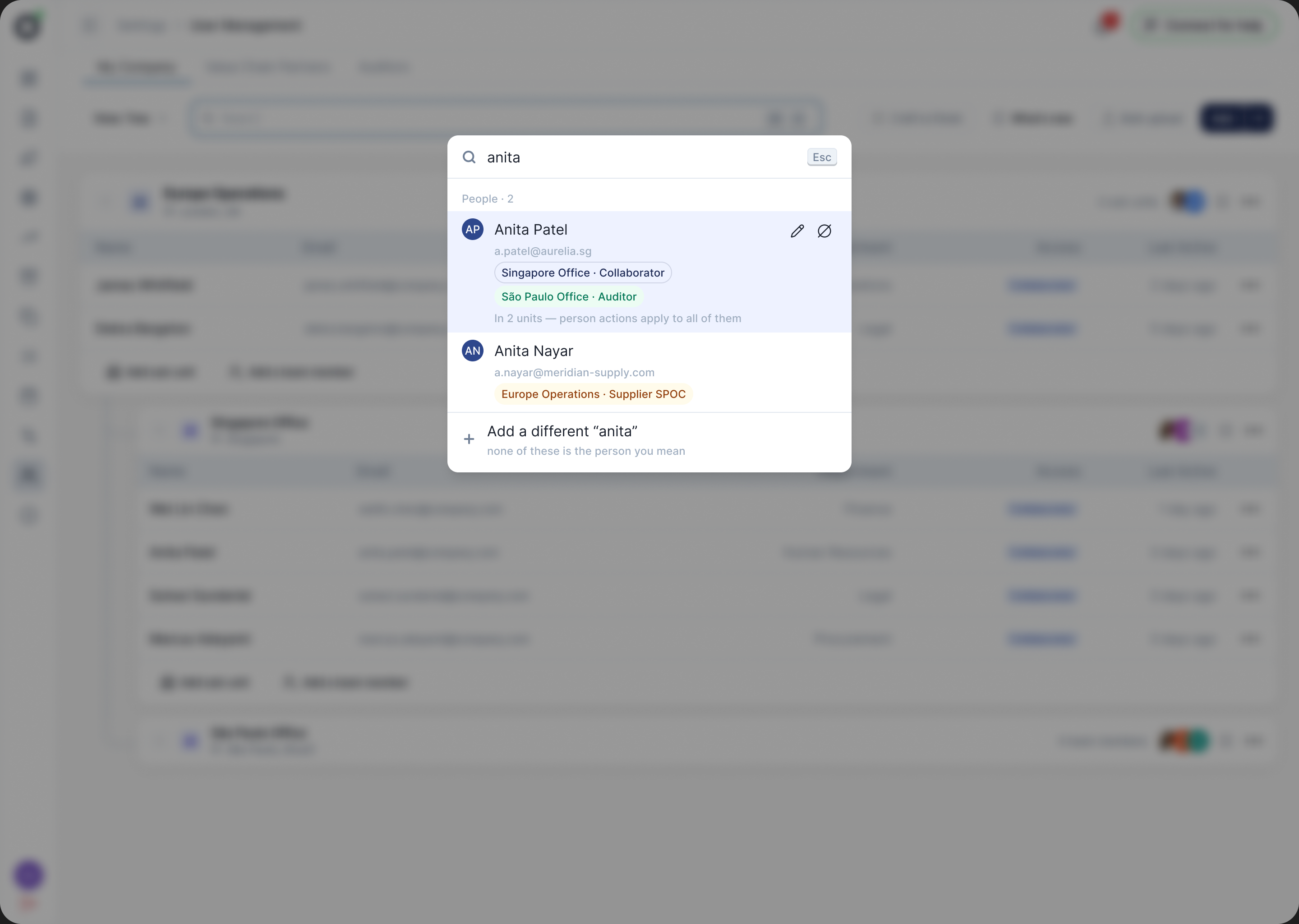 Second pass: searching anita returns one row per person, with their units listed as destinations and the edit and disable actions on the result row.