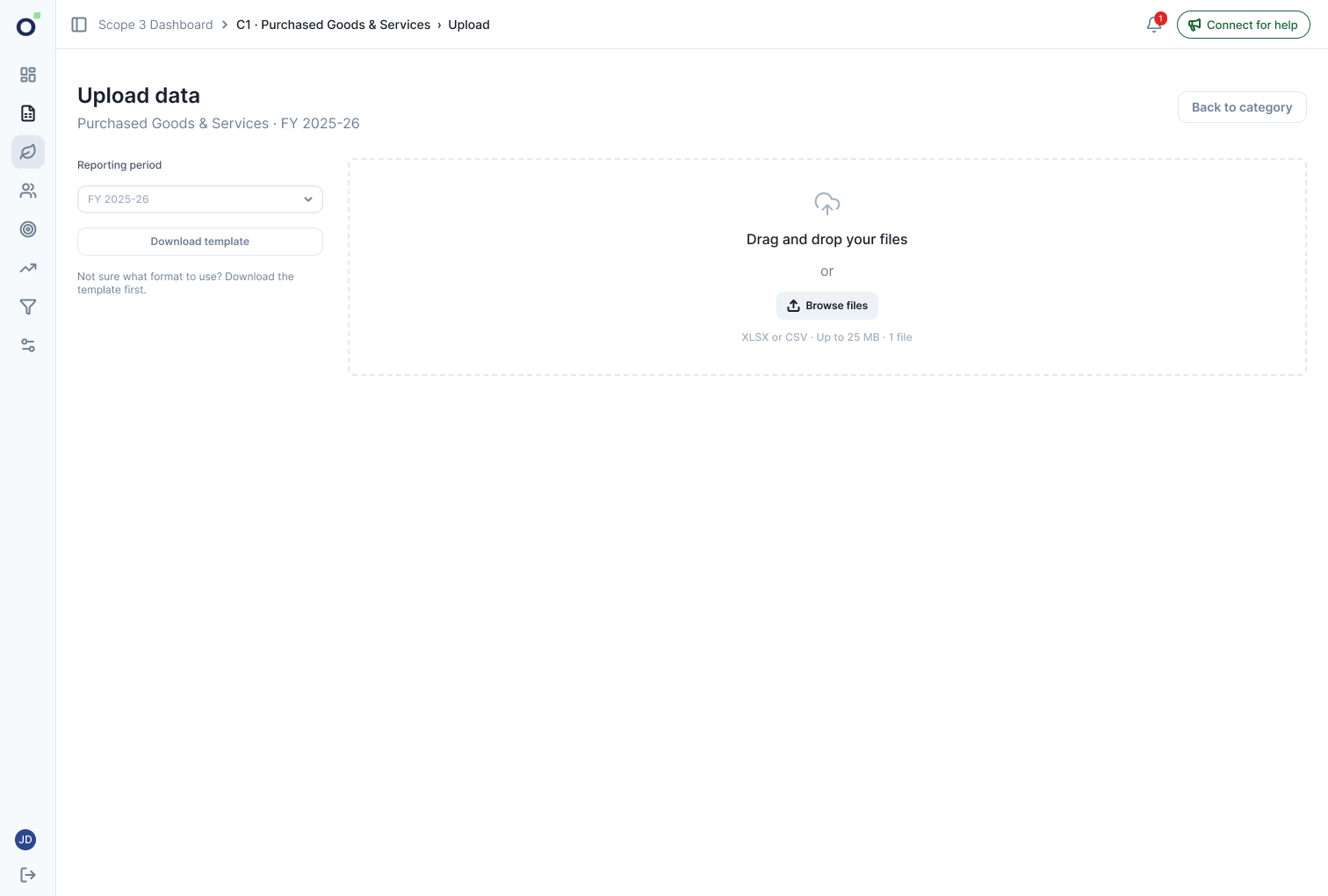 Upload view with the selected category, reporting period, template download and single-file drop zone